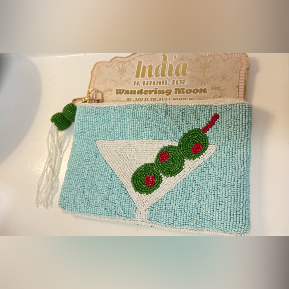 New India Wondering Moon beaded travel pouch wristlet martini polka dot